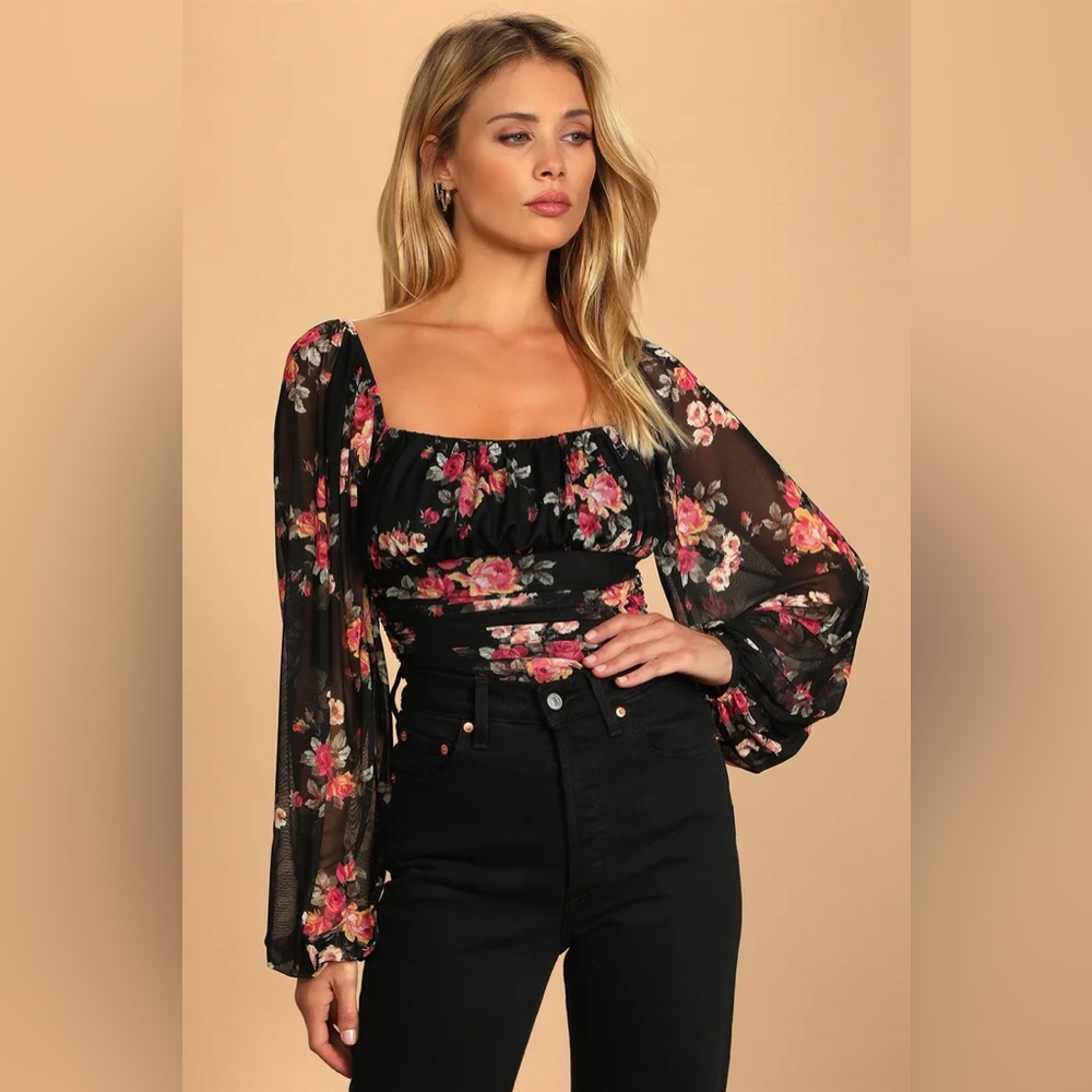 Bloom into Autumn Black Floral Print Ruched Mesh Bodysuit